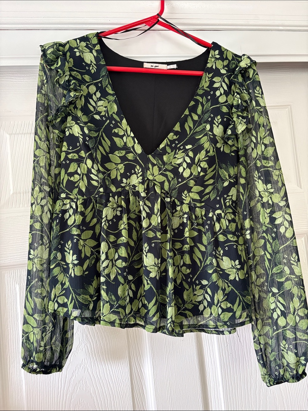miami Black Blouse with Green Leaf Print V-Neck